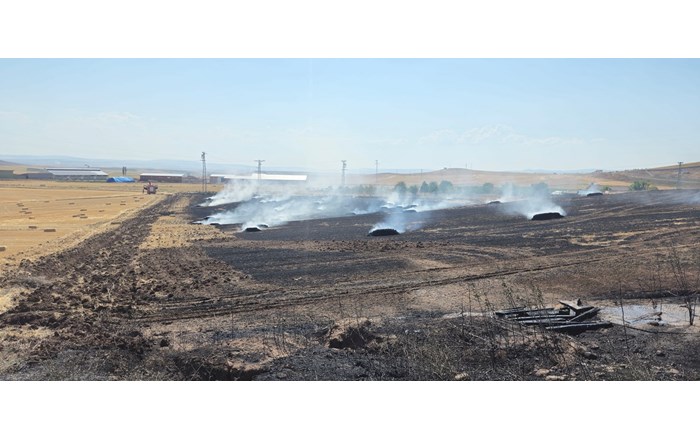 Alaca ilçesinde, tarlada çıkan yangın neticesinde 150 balya ile 20 dönüm tarlada hasar meydana geldi (2)