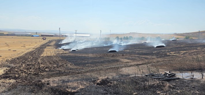 Alaca ilçesinde, tarlada çıkan yangın neticesinde 150 balya ile 20 dönüm tarlada hasar meydana geldi (2)