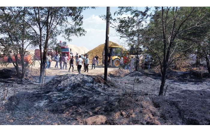 Alaca ilçesine bağlı Küre köyünde çıkan anız yangını, yerleşim yerlerine ve saman deposuna ulaşmadan kontrol altına alındı (2)