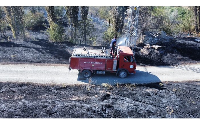 Yangının ormanlık alana sıçraması üzerine Çorum Orman İşletme Müdürlüğü'ne ait çok sayıda arazöz de bölgeye yönlendirildi.