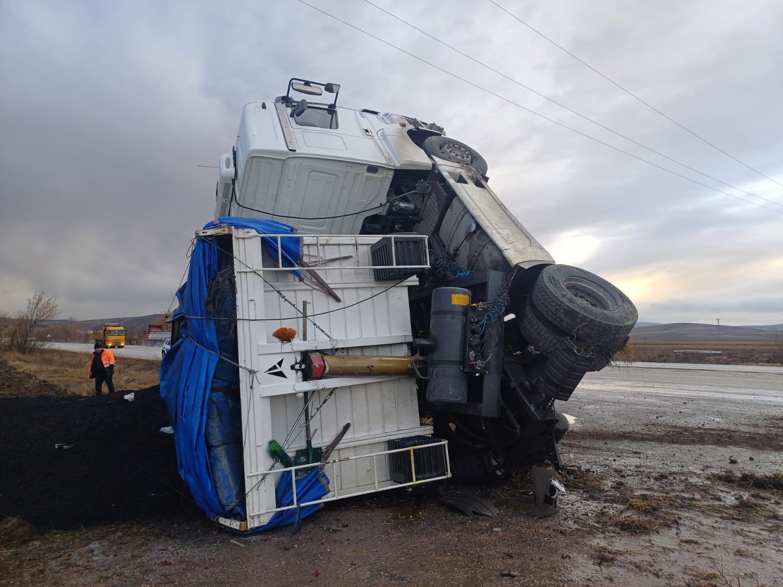 Yoldan çıkan tır, tarlaya devrildi (3)