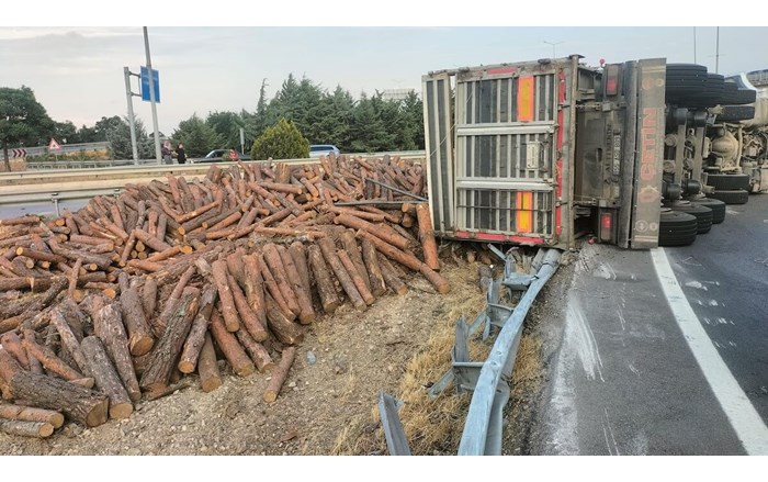 Tomruk yüklü tır devrildi: 1 yaralı